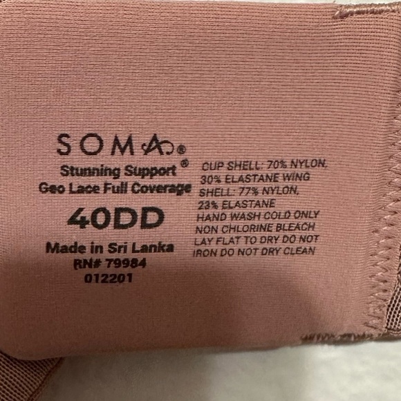 Soma Stunning Support Bra Geo Lace Full Coverage Mauve Pink Underwire Size 40DD - Picture 3 of 5
